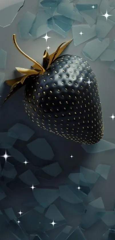 Dark strawberry with gold accents on shattered glass backdrop.