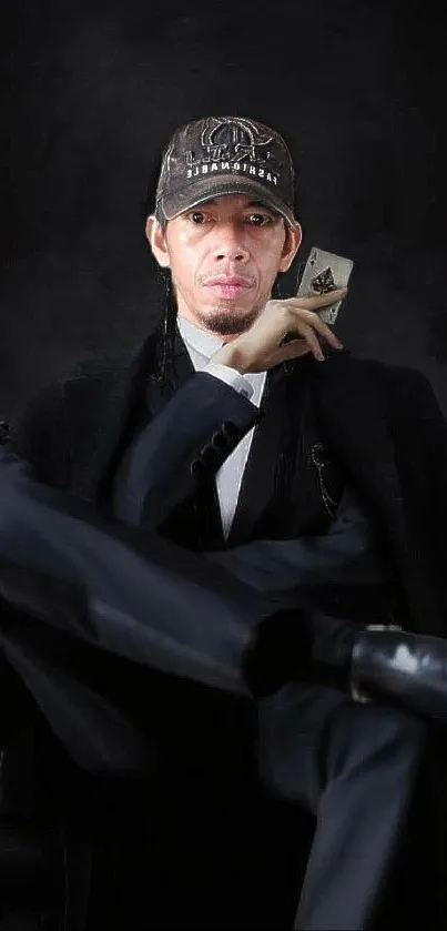 Person in elegant dark suit sitting with a cap, against a charcoal background.