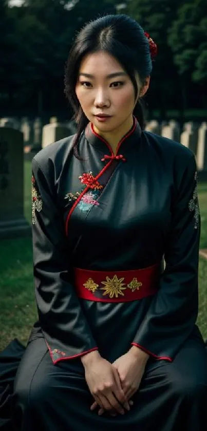 Traditional woman in elegant black dress, serene background.