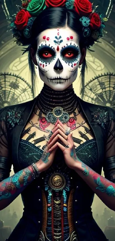 Day of the Dead artwork with intricate face paint and vibrant roses.