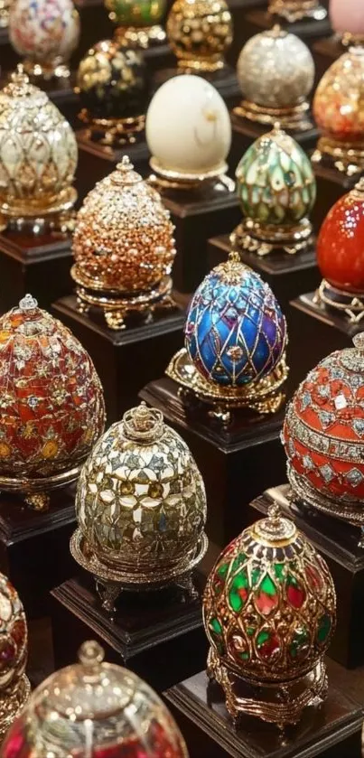 Intricate decorative eggs displayed elegantly on stands.