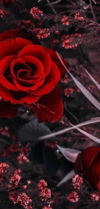 Elegant deep red roses with delicate foliage on dark background wallpaper.