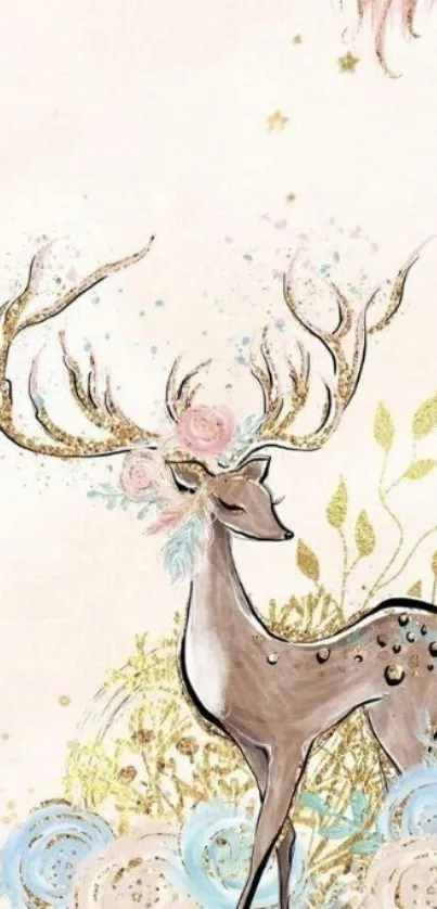 Elegant deer with floral and gold accents on a beige mobile wallpaper.