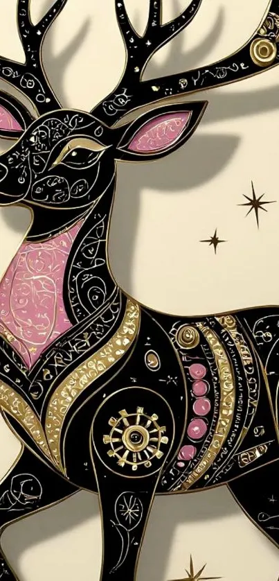 Elegant deer illustration with intricate patterns on black background.