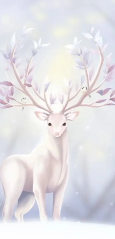 Elegant deer with pastel antlers in a dreamy winter landscape.