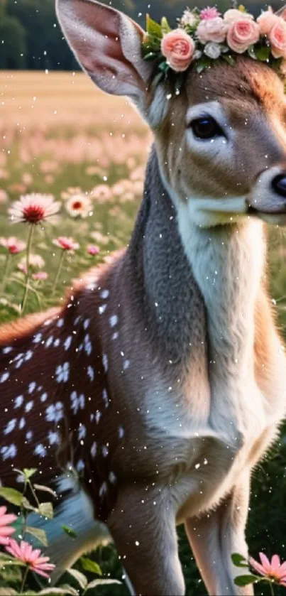 Elegant deer in floral crown amidst a colorful flower field.