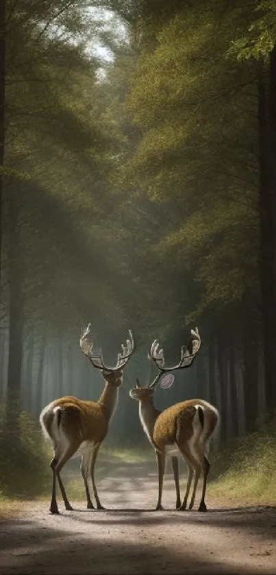 Two elegant deer standing on a peaceful forest path with dappled sunlight.