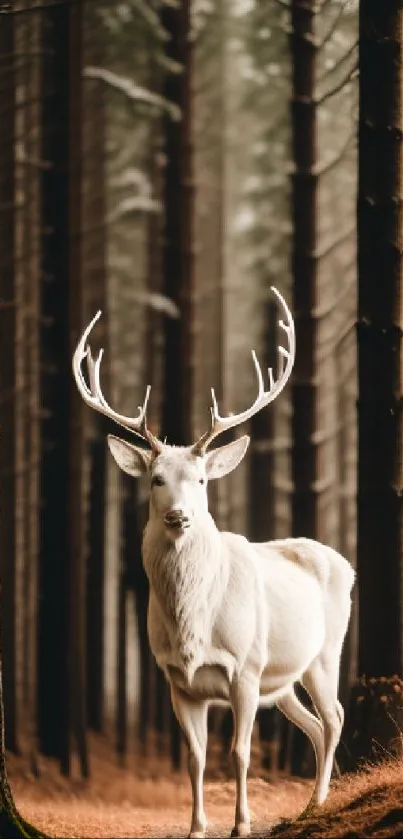 Majestic white deer standing gracefully in a tranquil forest path.