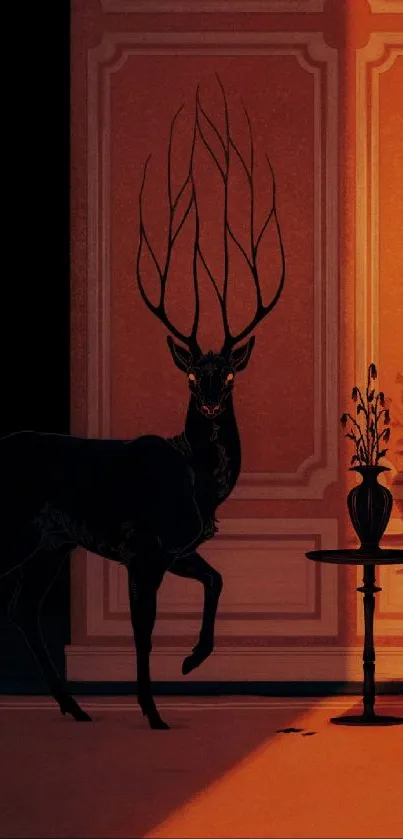 An elegant deer in shadow art with orange and black tones.