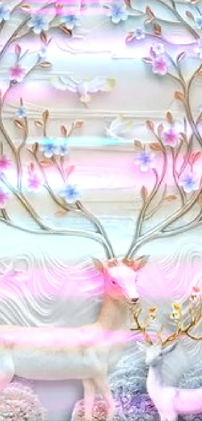 Elegant deer with pastel flowers and intricate branches in a serene nature wallpaper.