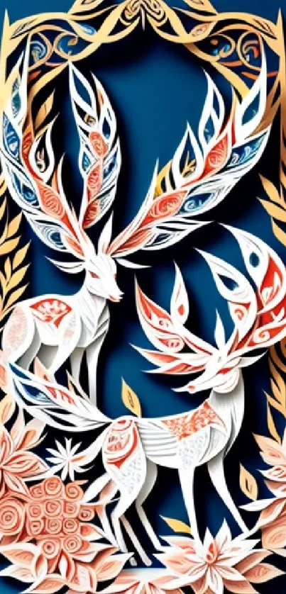 Elegant deer papercut art with intricate floral design against a blue backdrop.