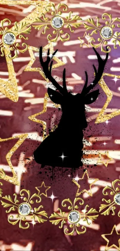 Burgundy wallpaper with gold stars and deer silhouette, elegant and luxurious.