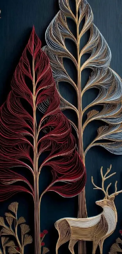 Elegant deer among artistic trees on dark background.