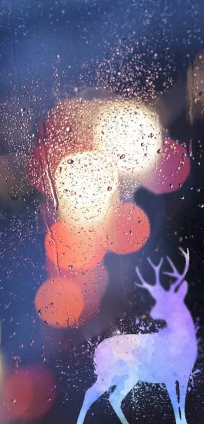 Deer silhouette with bokeh and raindrops on a moody, elegant phone wallpaper.