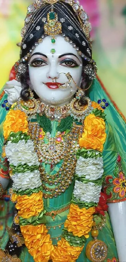 Colorful deity statue with vibrant attire and intricate jewelry.