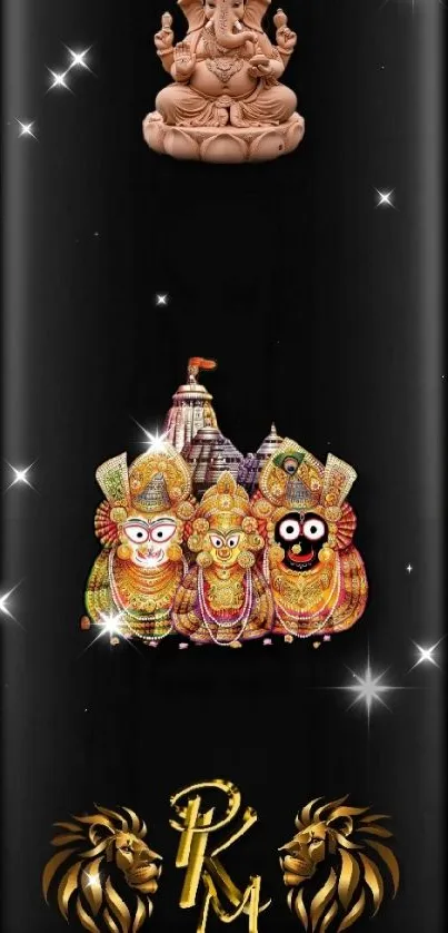 Mobile wallpaper with deities and golden details on a black background.