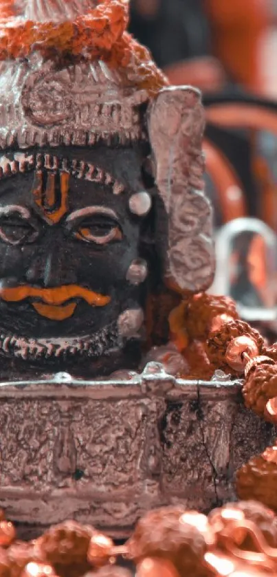 Intricate deity statue with sacred beads and copper tones.