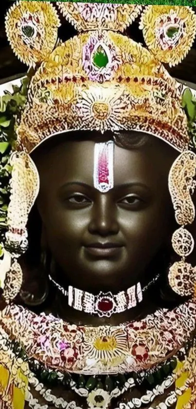 Intricately adorned deity statue with green background