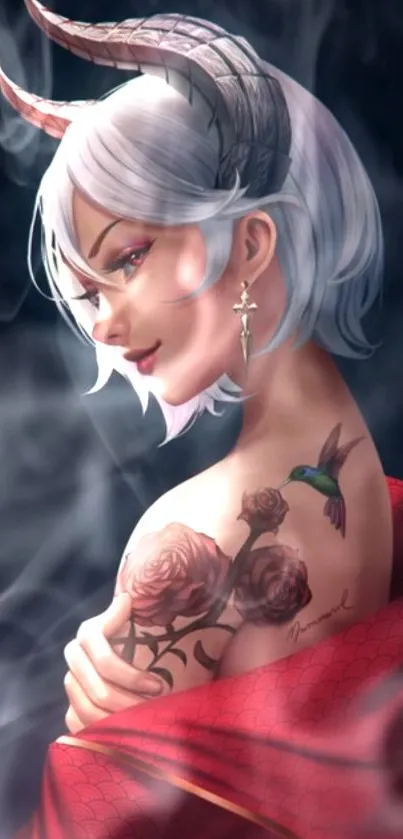 Elegant fantasy character with white hair and tattoos in artistic wallpaper.