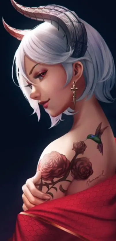 A digital artwork of a demon girl with horns, tattoos, and a red shawl.