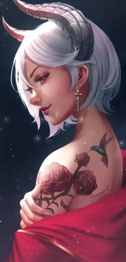 Fantasy art of a demon girl with a rose tattoo and white hair.