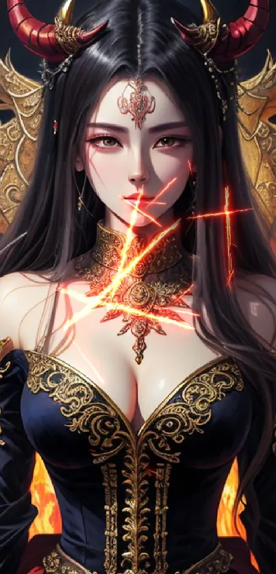 Elegant demon queen with gothic attire and fiery background.