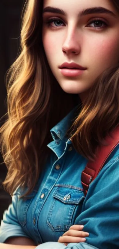 Young woman in denim shirt posing elegantly for a portrait wallpaper.