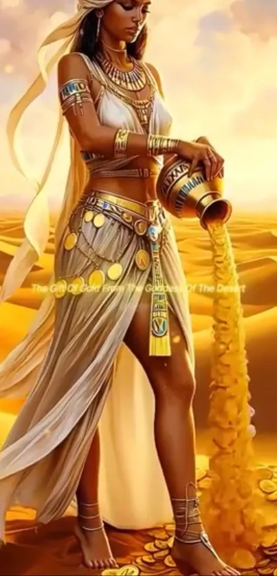 Elegant depiction of a desert goddess with flowing dress and golden background.