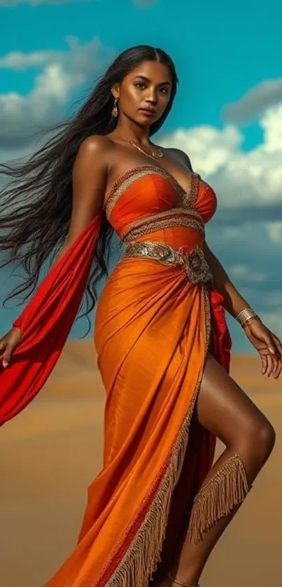 Elegant woman in orange dress in desert landscape.