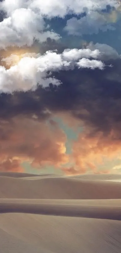 Serene desert landscape under a dramatic sunset sky with stunning cloud formations.