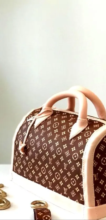 Elegant brown designer handbag with pink accents displayed stylishly.