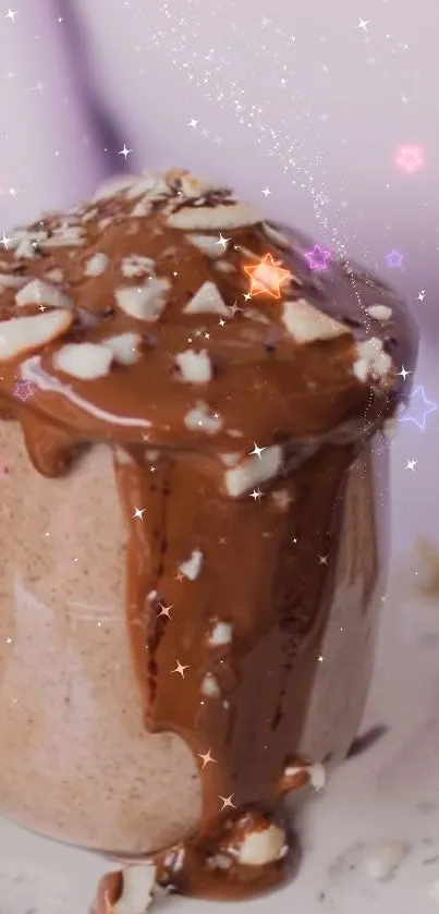 Elegant lilac-themed dessert wallpaper with chocolate treats and flowers.