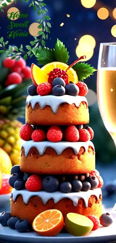 Elegant fruit cake with champagne in background.