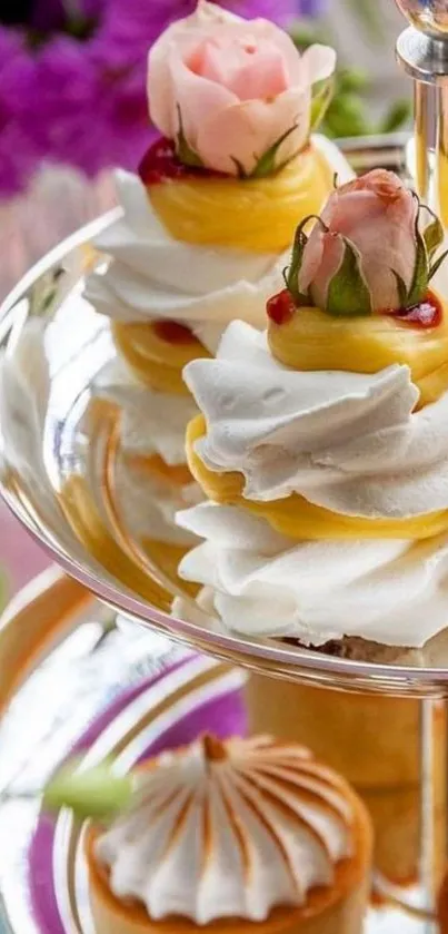 Elegant dessert stand with floral pastries.