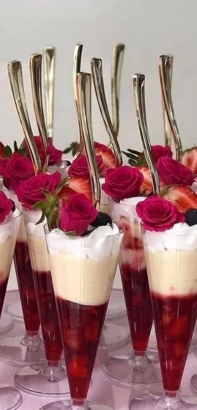 Luxurious dessert display with red roses and cream layers.