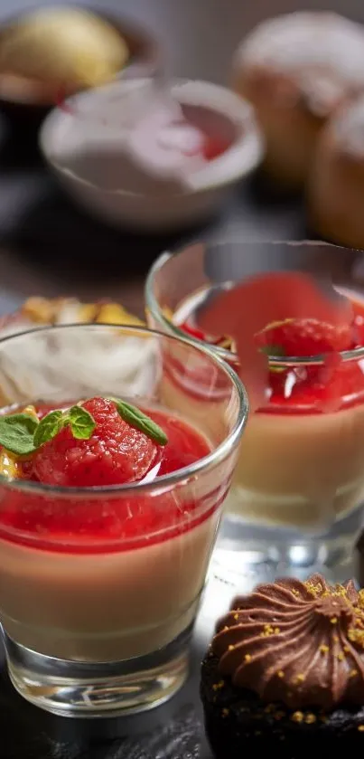 Elegant dessert display with raspberry panna cotta and chocolate treats.