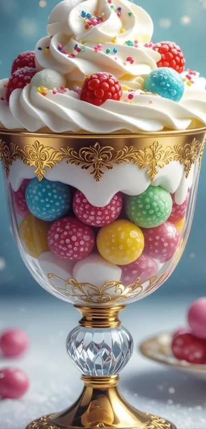 Luxurious dessert in a gold crystal glass with colorful candies.