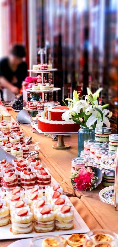 Elegant dessert table with cakes and floral decor.