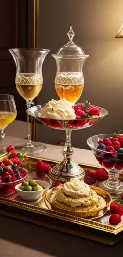 Elegant dessert table with glasses and berries in warm tones.