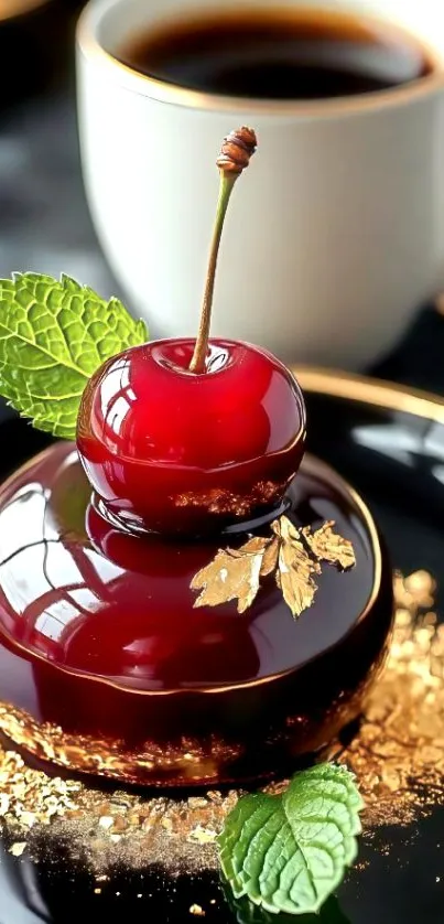 Close-up of a dessert with a glossy cherry topped with gold accents.