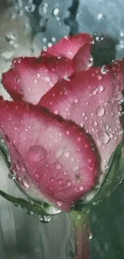 Dew-covered pink rose against a green backdrop.