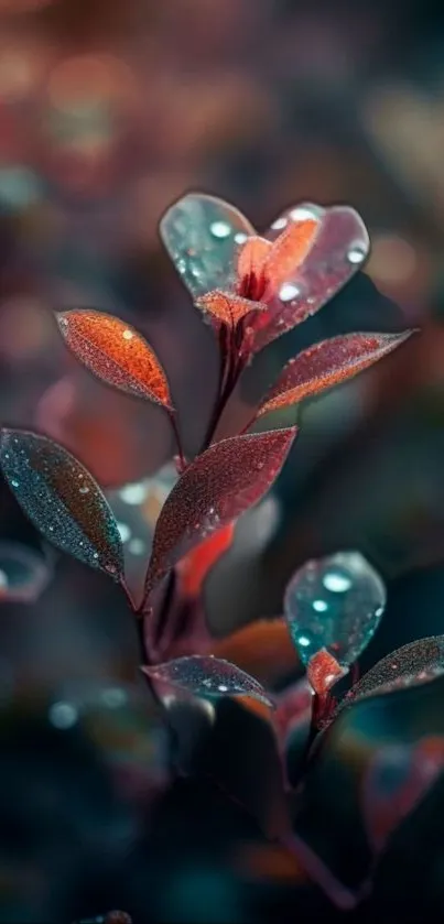 Close-up of dew-covered leaves with bokeh background.