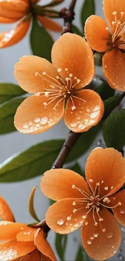 Orange flowers with dewdrops on leaves.