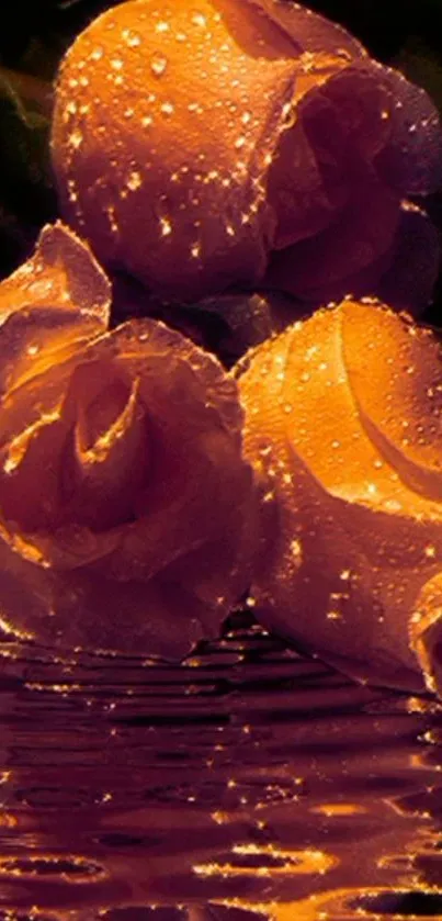 Orange roses with dewdrops in a striking floral mobile wallpaper.