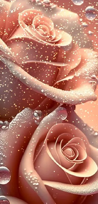 Dew-covered pink roses mobile wallpaper.