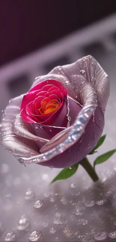 Delicate pink rose with dewdrops shines elegantly in soft light.