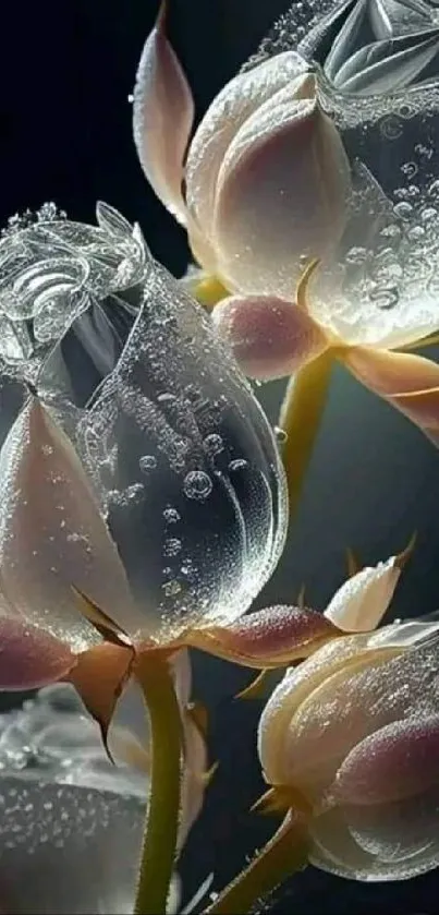 Crystal-like roses with dewdrops against a dark gray background.