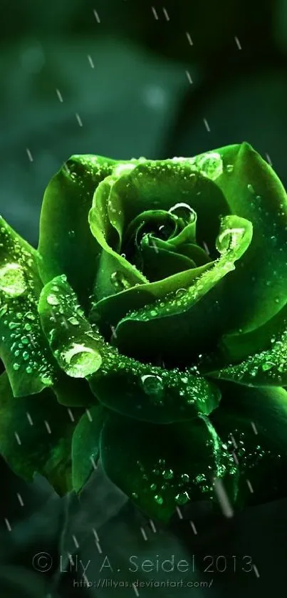 Close-up of a dewy, lush green rose with water droplets.