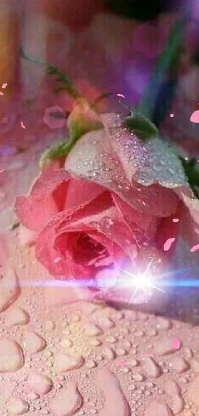 Dewy pink rose with light sparkles enhancing a romantic look.