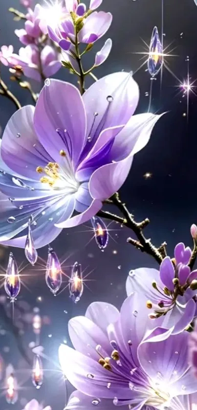 Elegant dewy purple flowers with sparkling droplets.
